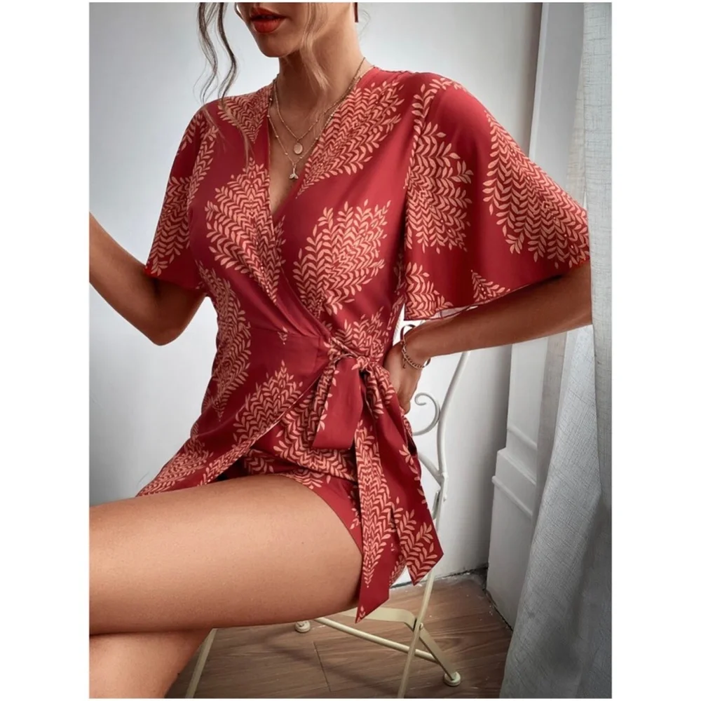 031  Boho Tropical Butterfly Sleeve Romper - Picture 6 of 6